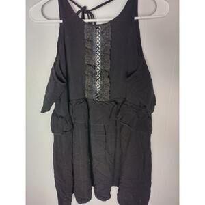 RP4LF Lace Opening Black Women Blouse Cutoff Shoulder Sleeves V-Neck